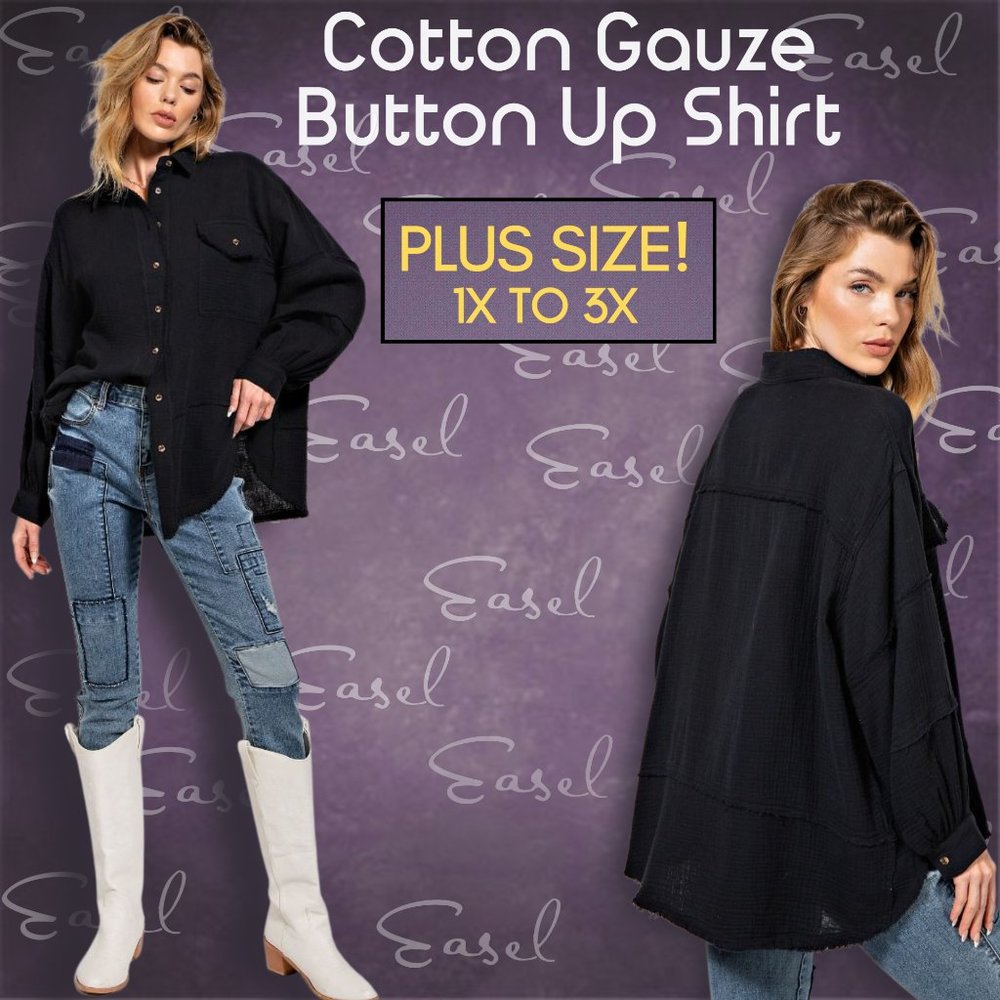 EASEL 100% Cotton Gauze Button Up, Balloon Sleeves Cuffs, Raw Frayed Hem Details